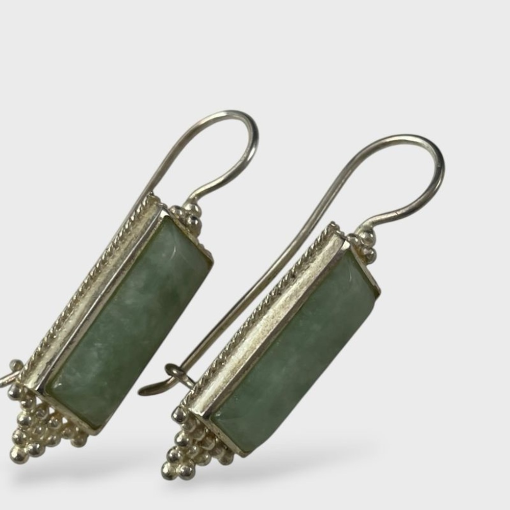 Sterling Silver Green Jade Style Rectangle Drop Earrings - Picture 2 of 4